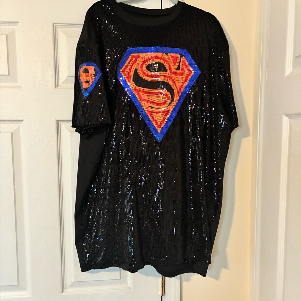 Black Sequin Superman Logo T-Shirt